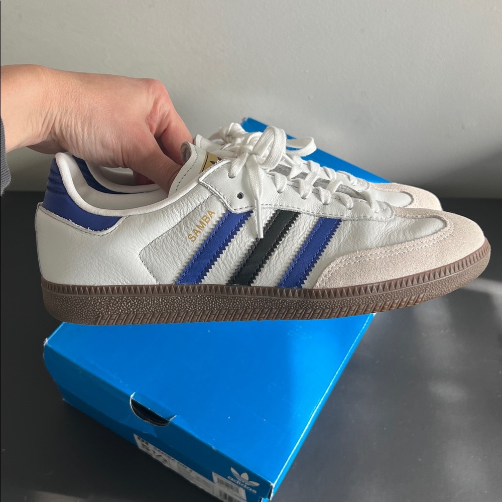 Adidas Kid’s White and Blue Samba Sneakers